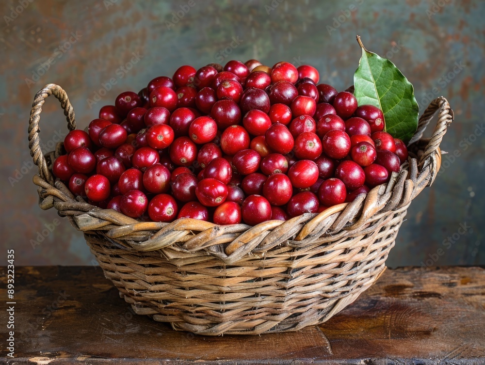 Close-up of Freshly Harvested Coffee Cherries in Woven Basket on Rustic Surface Close-up of Freshly Harvested Coffee Cherries in Woven Basket on Rustic Surface