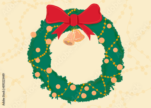 Illustration of Christmas wreath with jingle bells