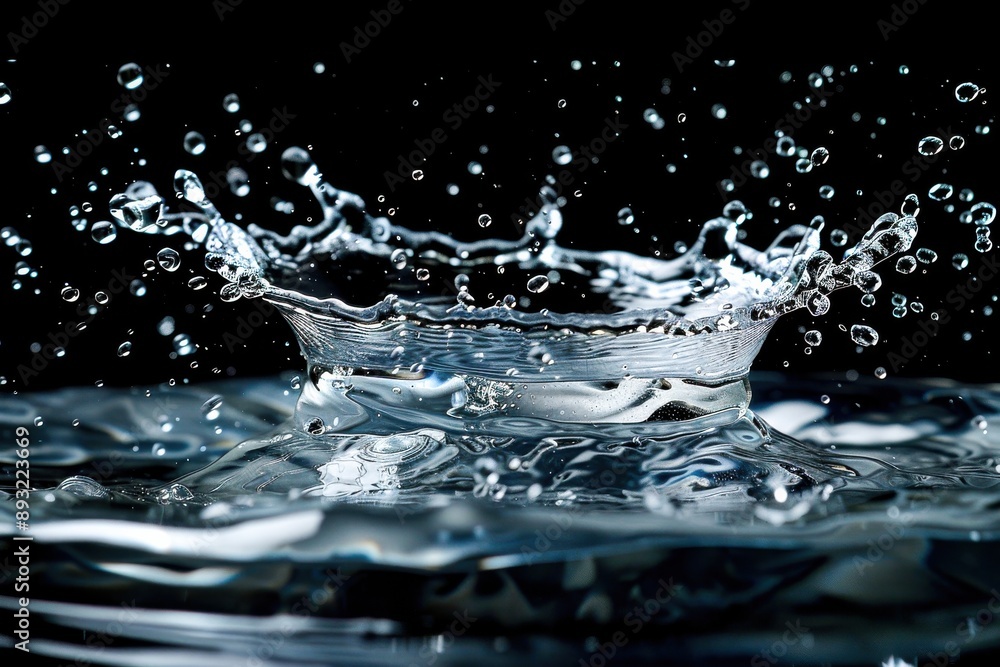 A single water droplet creates a mesmerizing splash, sending ripples and tiny droplets outward against a dark background A single water droplet creates a mesmerizing splash, sending ripples and tiny droplets outward against a dark background