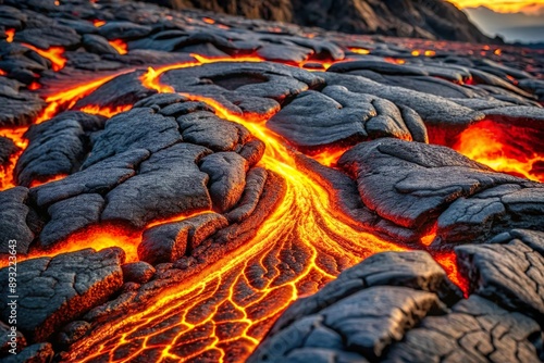 hot stream of melted lava flow on black solid magma photo