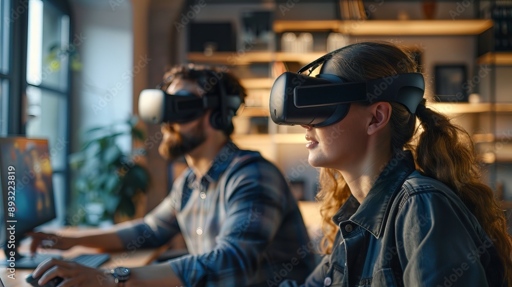 Remote workers collaborating using virtual reality headsets with a home office background during the day with soft natural lighting, close-up shot Remote workers collaborating using virtual reality headsets with a home office background during the day with soft natural lighting, close-up shot