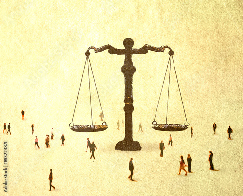 Illustration of oversized scales of justice surrounded by people photo