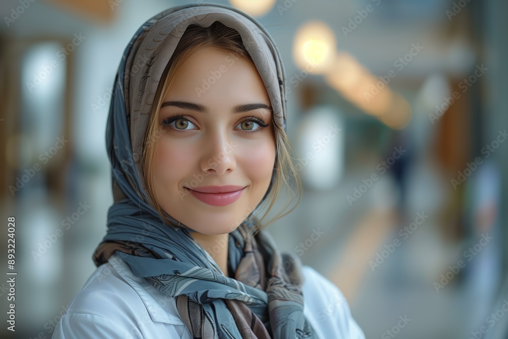 Young Woman Wearing Headscarf Smiles at Camera in Indoor Setting Young Woman Wearing Headscarf Smiles at Camera in Indoor Setting