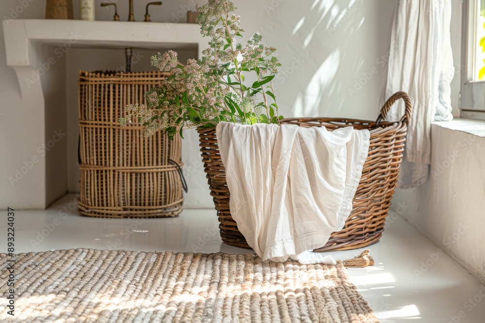 Wicker basket with flowers on the floor in the interior of the room Wicker basket with flowers on the floor in the interior of the room