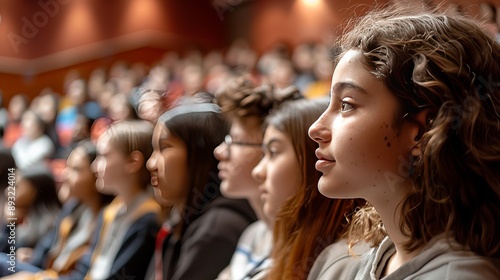 students attending an assembly with a school auditorium background during midday with bright lighting, close-up shot