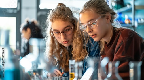 Wallpaper Mural Students conducting experiments with a science lab background during the afternoon with bright lighting, close-up shot Torontodigital.ca