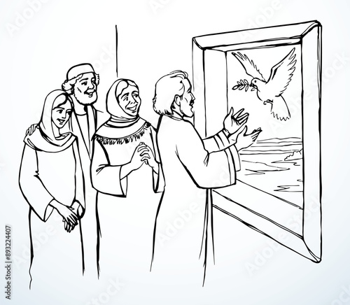 Vector drawing. Dove come to Noah