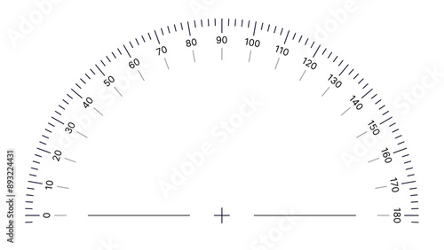 Round Angle Meter Scale Isolated on White Background. Measuring Half Circle Scale in Flat Style. 180 Degrees Circular Ruler Template. Protractor Grid. Vector Illustration.