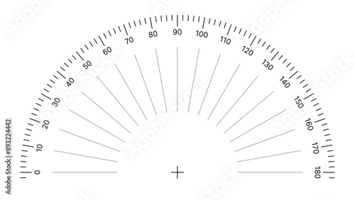 Round Angle Meter Scale Isolated on White Background. Measuring Half Circle Scale in Flat Style. 180 Degrees Circular Ruler Template. Protractor Grid. Vector Illustration.