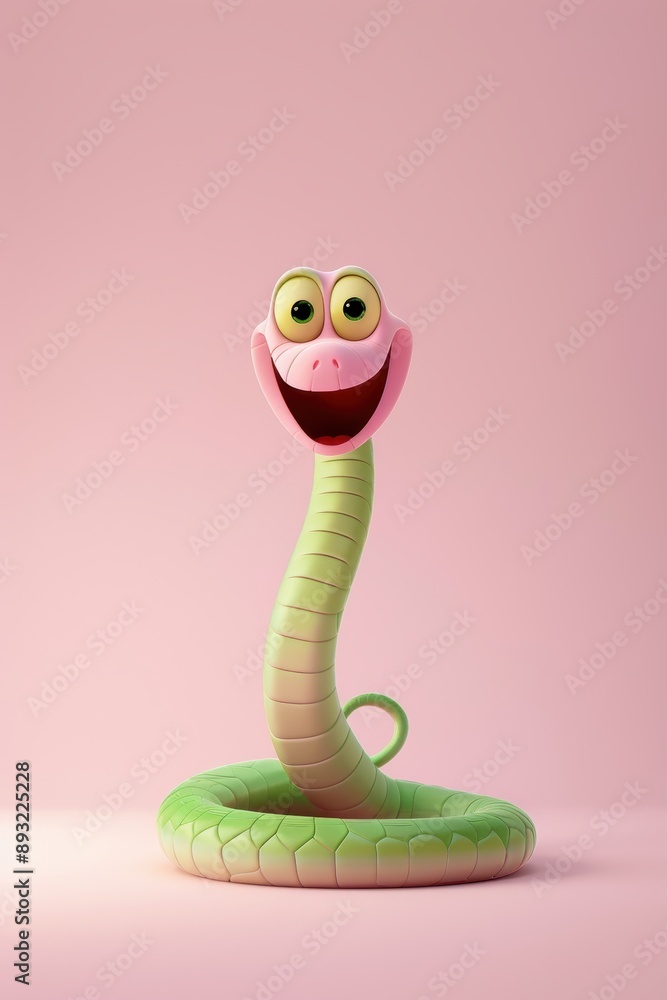 Fototapeta premium A cute, cartoonish green snake with wide smile and big eyes, set against pastel pink background, exuding joy and friendliness.