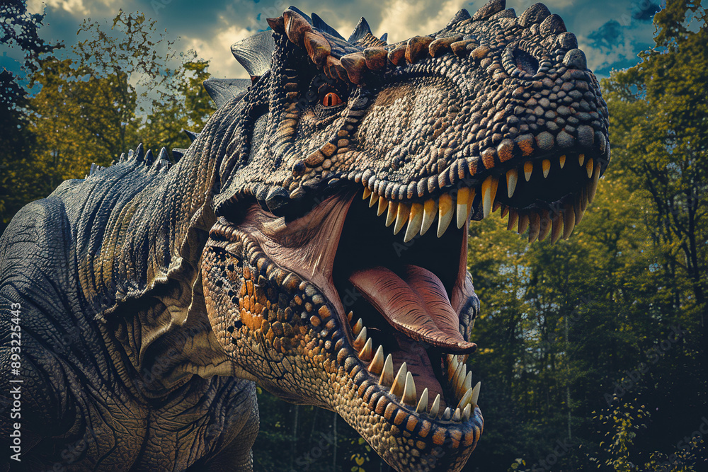 Obraz premium Generative ai on theme of big scary hungry dinosaur with kind eyes and sharp teeth destroying park