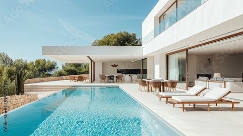 A dining table with chairs and wooden sun loungers arranged near a swimming pool in the yard of an expensive contemporary minimalist-style villa on a sunny day.