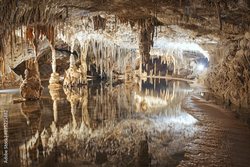 Generative ai on theme of a large beautiful sharp stalactites hanging down from deep mountain cave photo