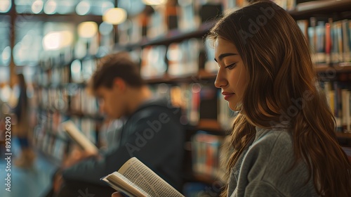 Students reading in a library with bookshelves background during the morning with soft lighting, close-up shot