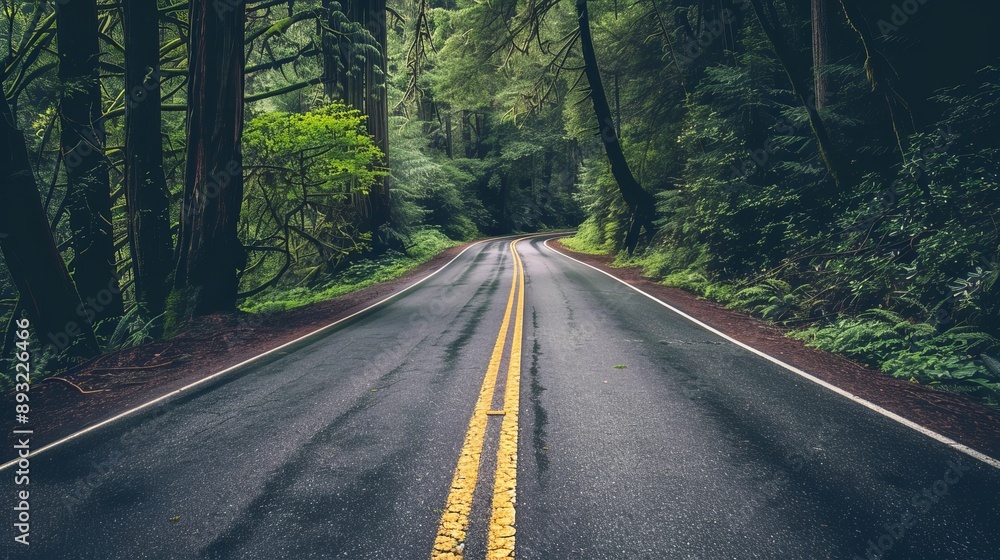 Fototapeta premium A winding road through a dense forest, lined with trees and surrounded by natural greenery.