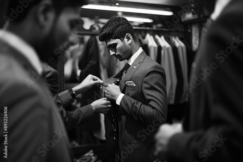 A man is getting his suit adjusted in a clothing store photo