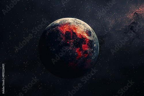 Fototapeta Naklejka Na Ścianę i Meble -  A planet with red color on the half of its surface, dark background, black sky, stars in space, high resolution, high quality, high detail, high contrast, professional photography, sharp focus, no blu