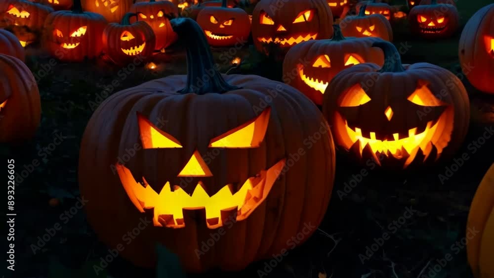 Several glowing Halloween-style pumpkins are scattered on the floor,creating festive yet spooky atmosphere.pumpkins,arranged in various sizes,enhance the autumnal setting,emphasizing the season spirit Several glowing Halloween-style pumpkins are scattered on the floor,creating festive yet spooky atmosphere.pumpkins,arranged in various sizes,enhance the autumnal setting,emphasizing the season spirit