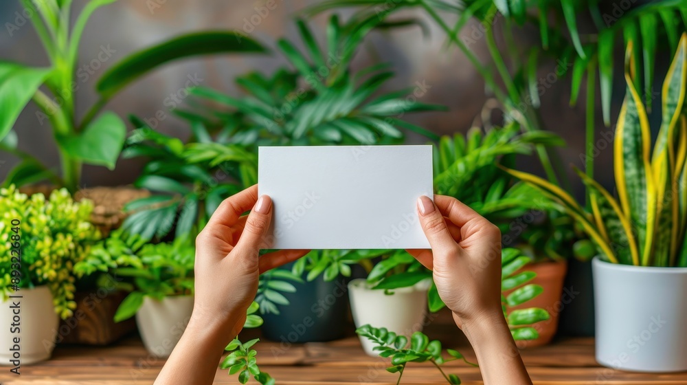 Hands holding a blank white card against a background of various potted plants, showcasing a lush and vibrant indoor garden. Hands holding a blank white card against a background of various potted plants, showcasing a lush and vibrant indoor garden.