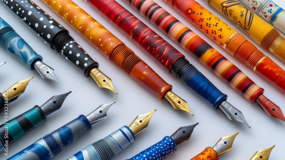 A Close up of Several Colorful Fountain Pens on a White Surface - Generative AI A Close up of Several Colorful Fountain Pens on a White Surface - Generative AI