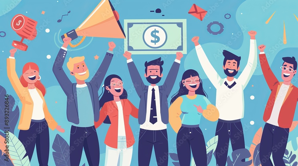 A startup team celebrating their first investment, with a jubilant atmosphere and a check symbolizing funding and future growth, business concept. A startup team celebrating their first investment, with a jubilant atmosphere and a check symbolizing funding and future growth, business concept.