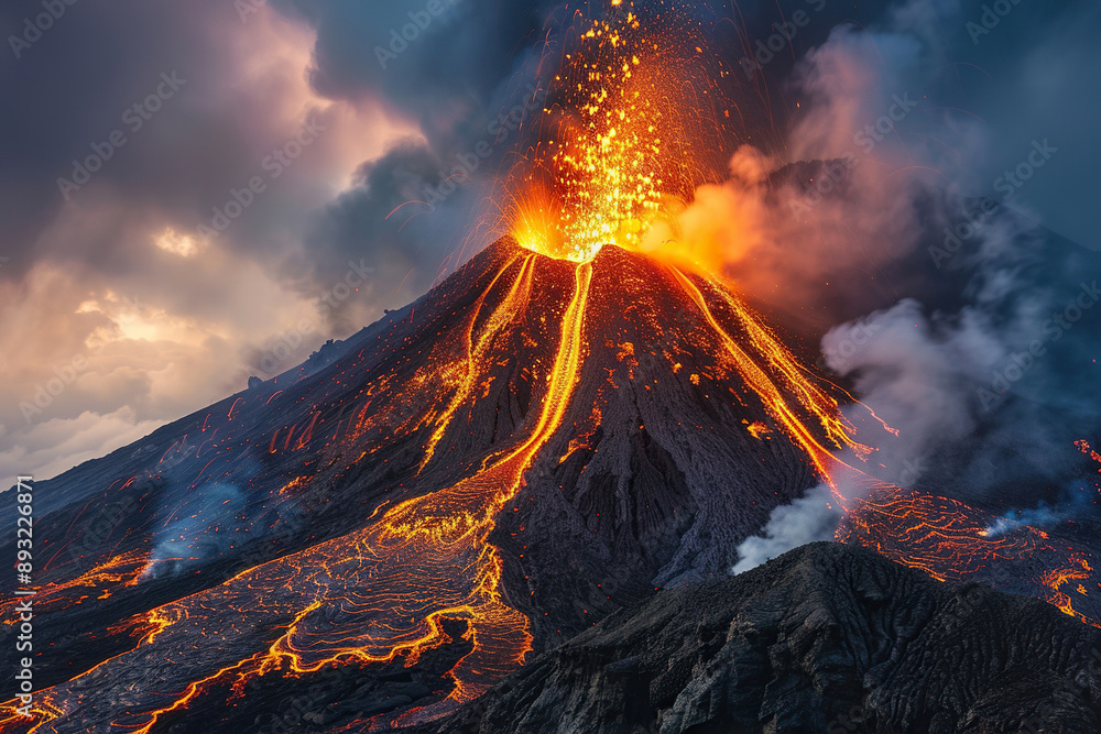 Fototapeta premium Generative ai on theme of erupting volcano with cascading hot lava surrounded thick white smoke