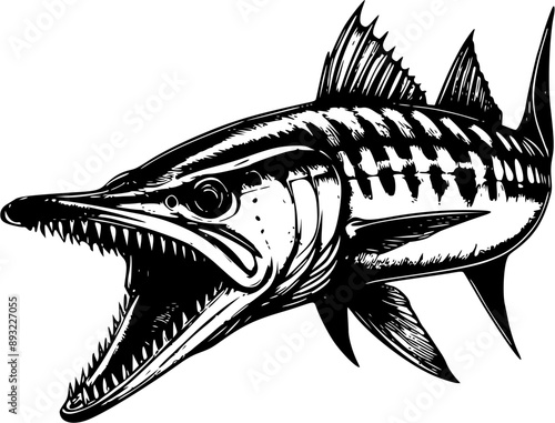 barracuda lineart, handrawn barracuda isolated on white.