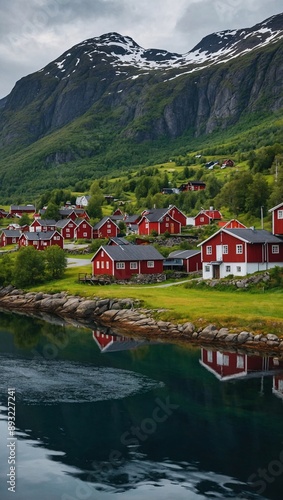 Idyllic village in Norway's fjords. Stunning mountain views and traditional town photo