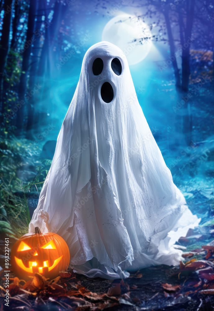 cute ghost dressed in white sheet, standing on the ground with an orange pumpkin beside him, set against a forest backdrop under moonlight cute ghost dressed in white sheet, standing on the ground with an orange pumpkin beside him, set against a forest backdrop under moonlight