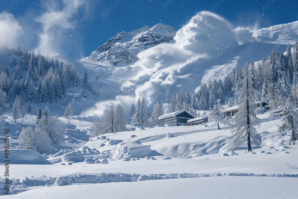 Generative ai on theme of descent of an huge avalanche from the mountain, winter nature landscape Generative ai on theme of descent of an huge avalanche from the mountain, winter nature landscape