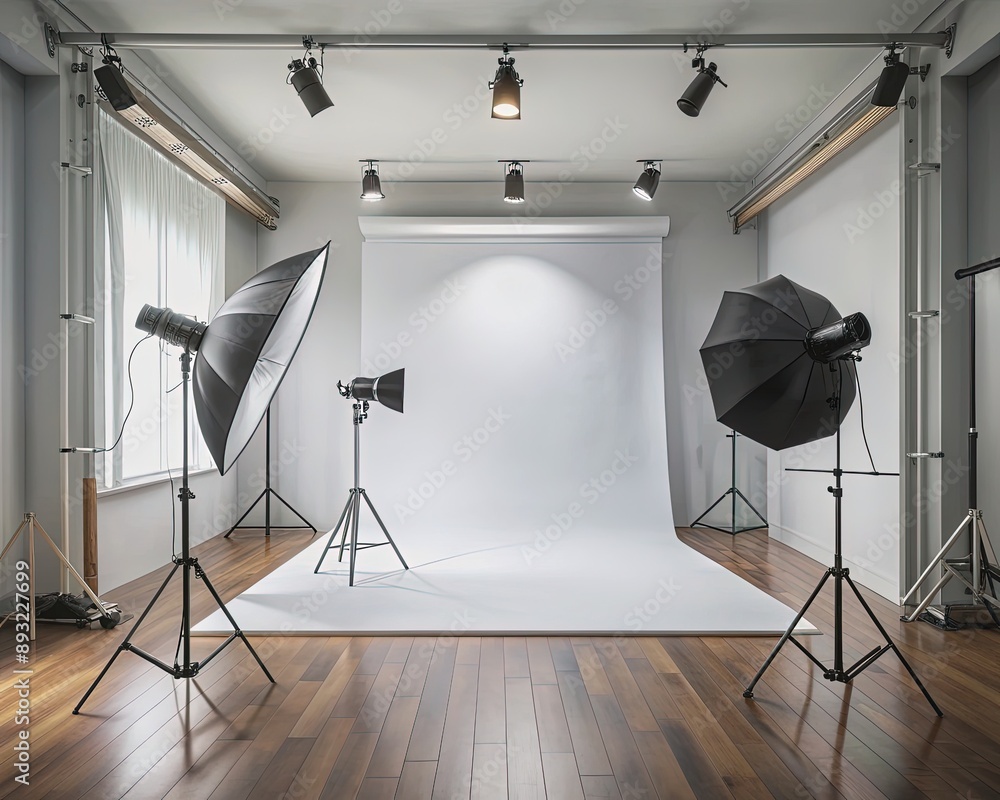 Empty photo studio with white background, professional lighting ...
