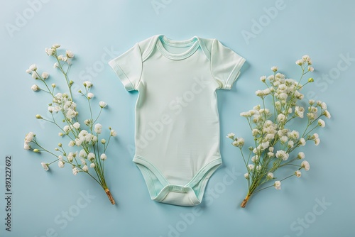 Adorable gender-neutral infant bodysuit mockup on soft pastel blue background adorned with delicate white flowers, perfect for custom onesie designs and baby apparel brands. photo