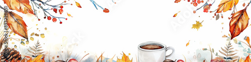 Autumn watercolor background with pumpkins, leaves and cup of coffee