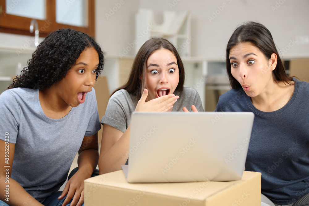 Amazed roommates checking laptop moving home Amazed roommates checking laptop moving home