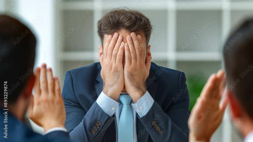 Stressed Businessman Facing Challenges in a Corporate Office Meeting Stressed Businessman Facing Challenges in a Corporate Office Meeting
