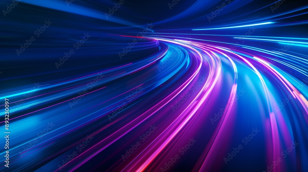Abstract background with blue and purple lights on the right side of the image. Abstract blue background with speed light effect and glowing road lines in the dark night sky. Abstract background with blue and purple lights on the right side of the image. Abstract blue background with speed light effect and glowing road lines in the dark night sky.