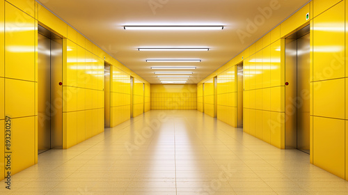 Vivid Yellow Modern Hallway with Multiple Elevators and Bright Lighting