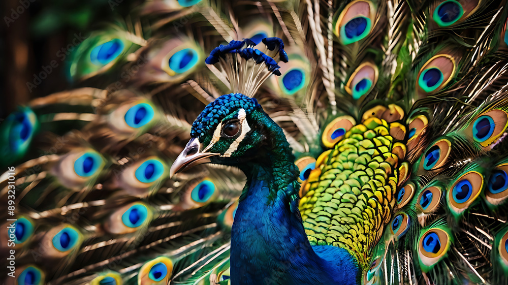 Obraz premium A peacock with its feathers fanned out, symbolizing beauty and confidence.