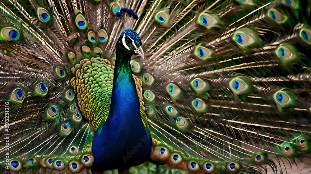 Obraz premium A peacock with its feathers fanned out, symbolizing beauty and confidence.