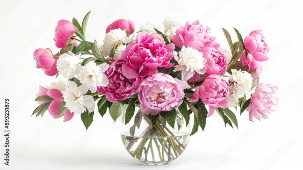 Obraz premium Decorated interior: pink peonies and white flowers in vase on white background