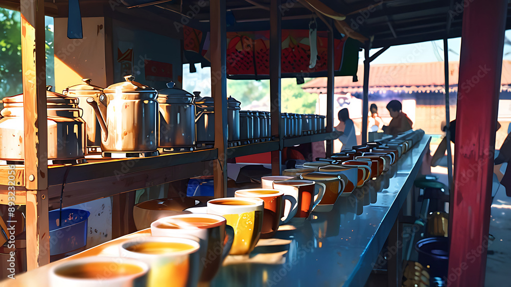 Fototapeta premium A roadside tea stall with kettles and cups, symbolizing the popular tea culture and social gatherings in India.