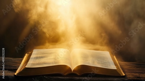 Old bibles open on wood table sunlight shine on book foggy background