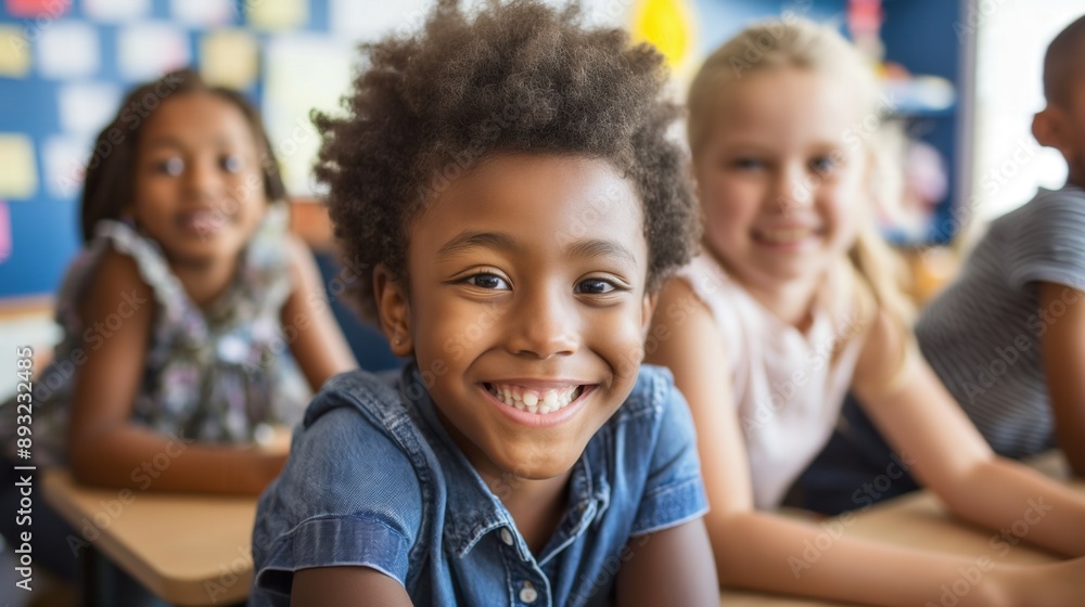 Young boy with two girls in school smile look at camera multiracial friends kids children in classroom Young boy with two girls in school smile look at camera multiracial friends kids children in classroom