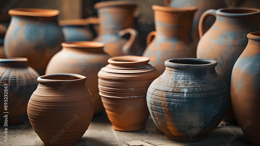 Skillfully crafted pottery pieces displayed, highlighting the simplicity of earthenware and the artisan's craftsmanship in various shapes and textures Skillfully crafted pottery pieces displayed, highlighting the simplicity of earthenware and the artisan's craftsmanship in various shapes and textures