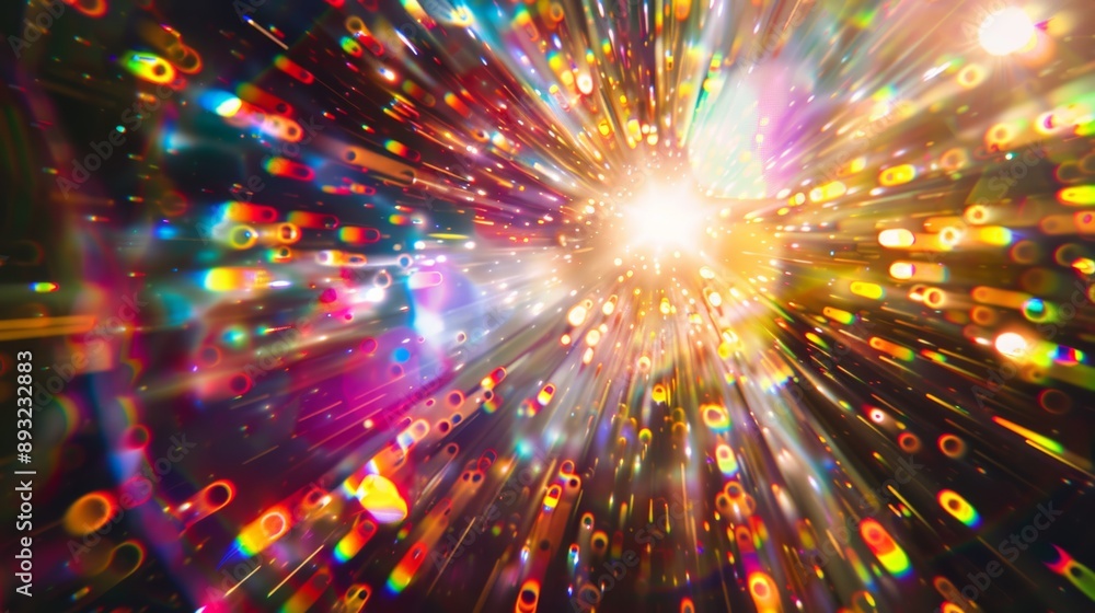 Fototapeta premium Abstract sun explosion digital flare Rainbow reflection Lens flare effect on black background for overlay design.