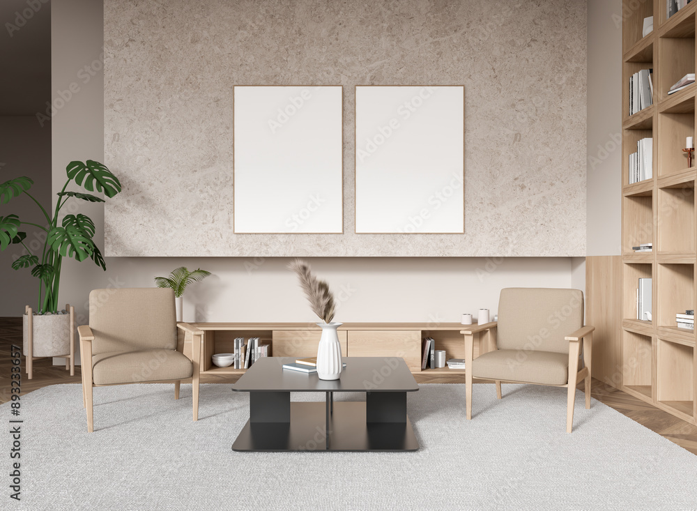 Fototapeta premium Modern living room interior with two framed posters on the wall. 3D Rendering
