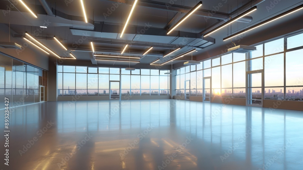 Dance hall featuring large windows, minimalist design, and bright lighting Dance hall featuring large windows, minimalist design, and bright lighting