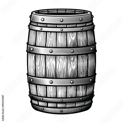 Beverage barrel. Vector illustration in engraving technique of wooden old alcohol cask.
