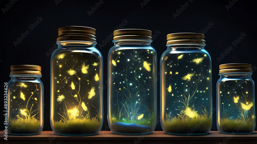 Fireflies glowing in a jar, symbolizing magic and wonder Fireflies glowing in a jar, symbolizing magic and wonder