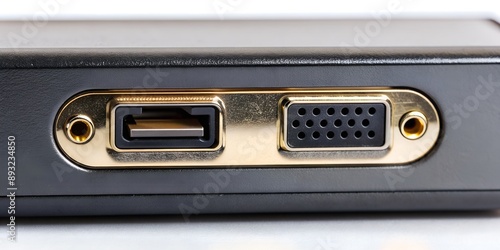 Close up HDMI port in the backside of satellite receiver isolated on white background with clipping path Selective focus AI-Crea